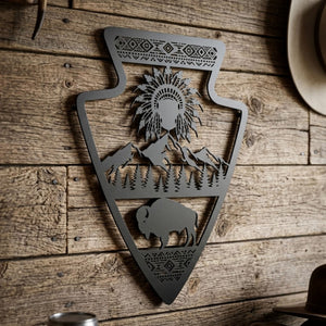 Arrowhead Metal Sign, Native American Chief Wall Art, Bison Mountain D