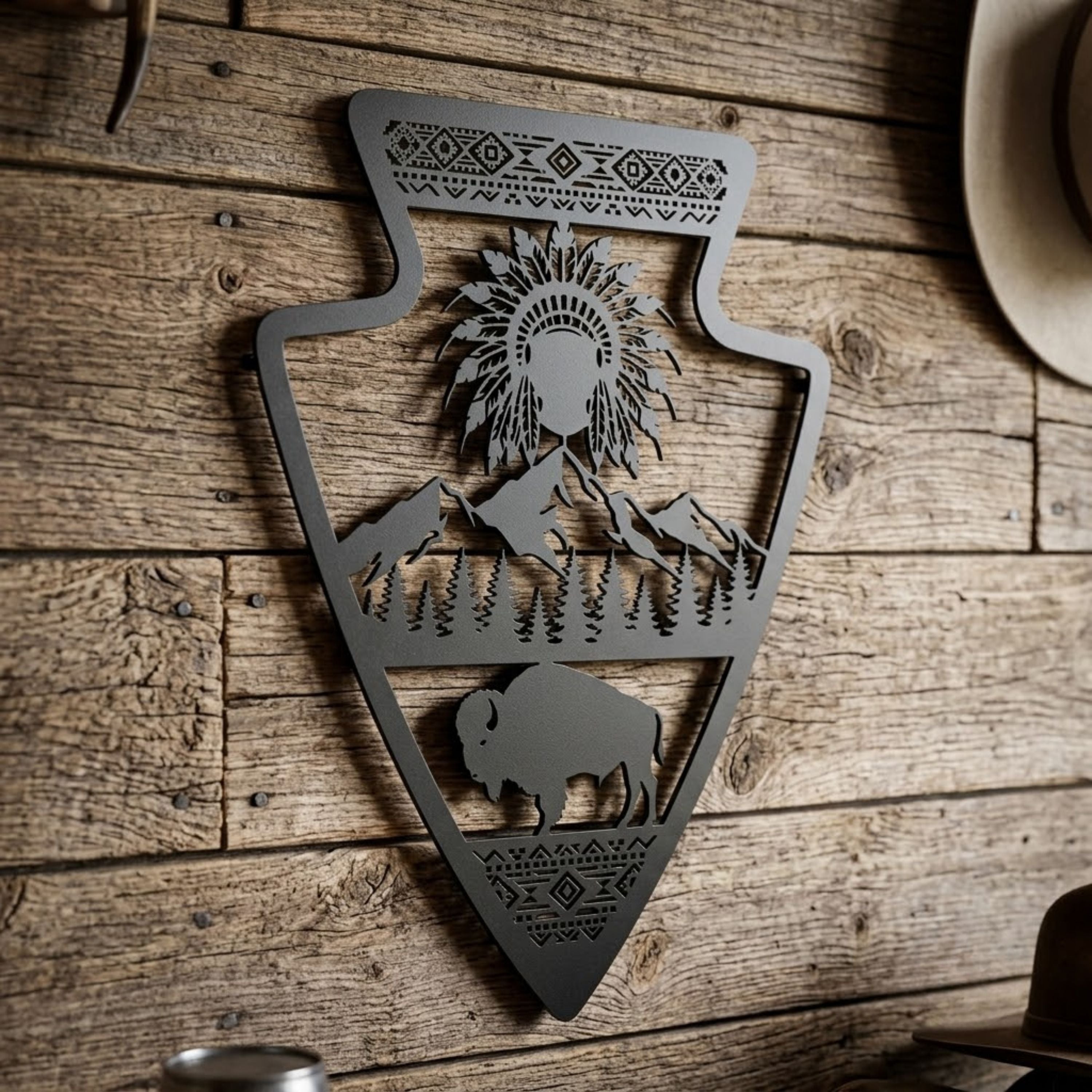 Arrowhead Metal Sign, Native American Chief Wall Art, Bison Mountain D