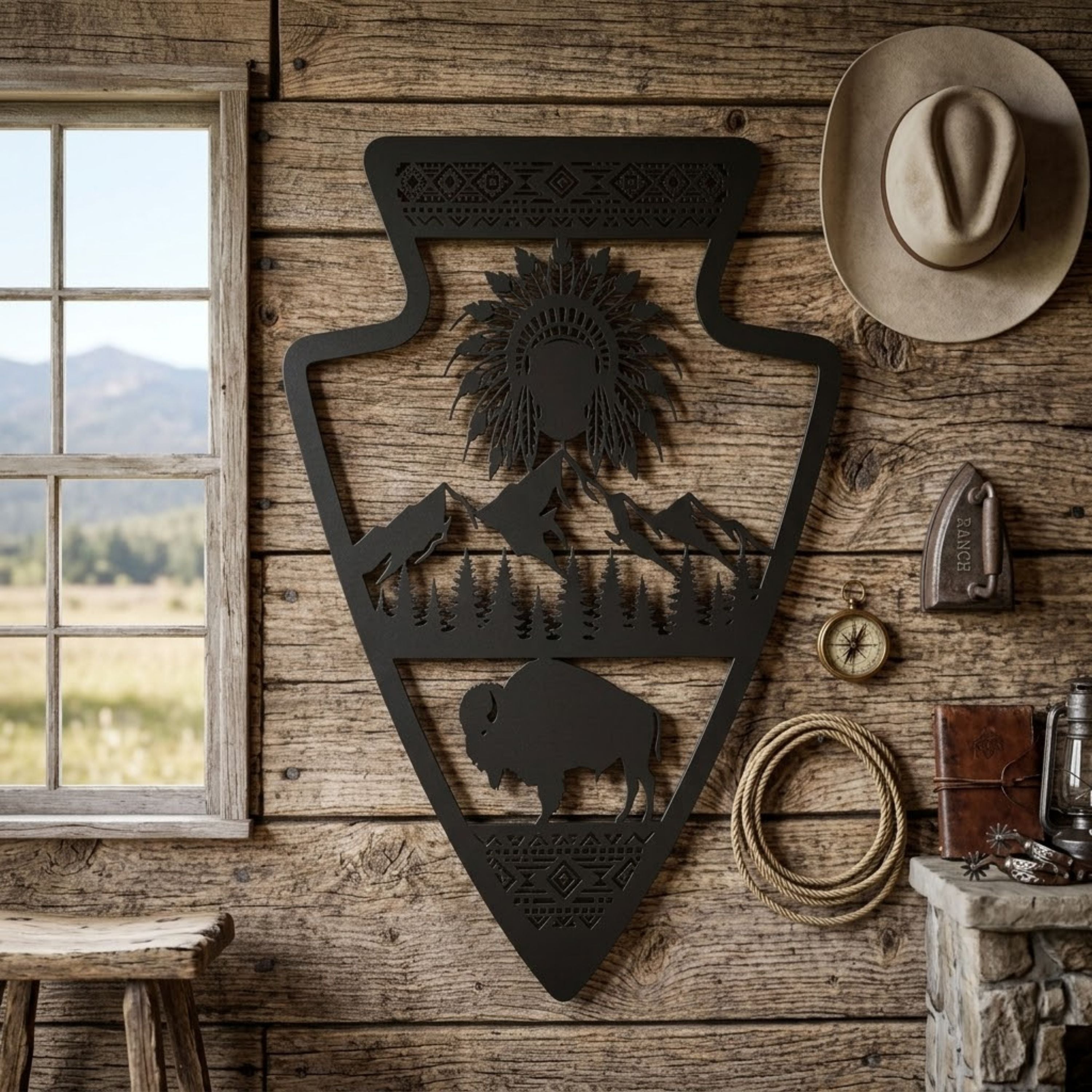 Arrowhead Metal Sign, Native American Chief Wall Art, Bison Mountain D