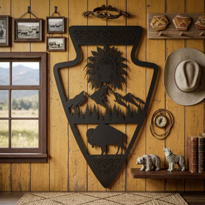 Arrowhead Metal Sign, Native American Chief Wall Art, Bison Mountain D