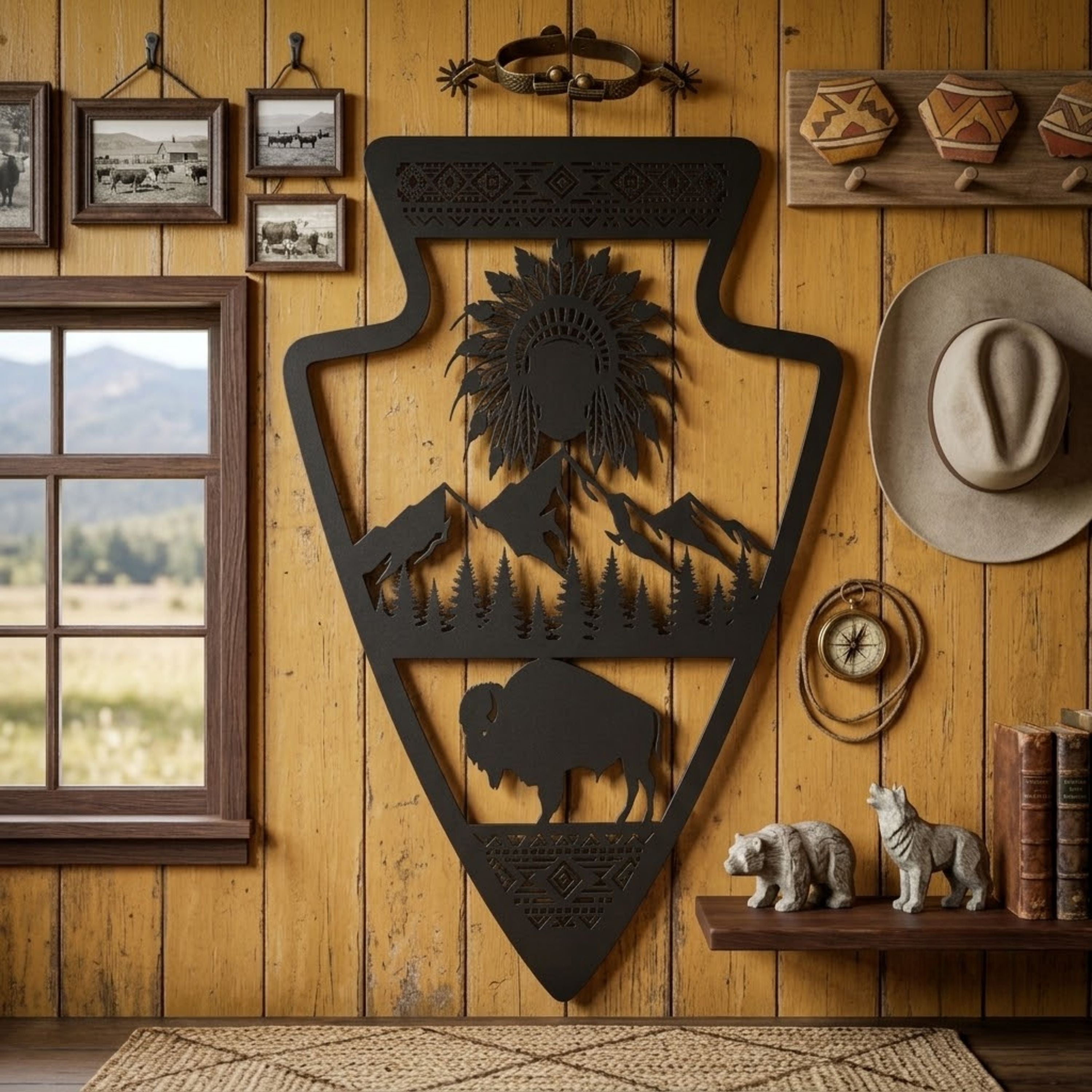 Arrowhead Metal Sign, Native American Chief Wall Art, Bison Mountain D