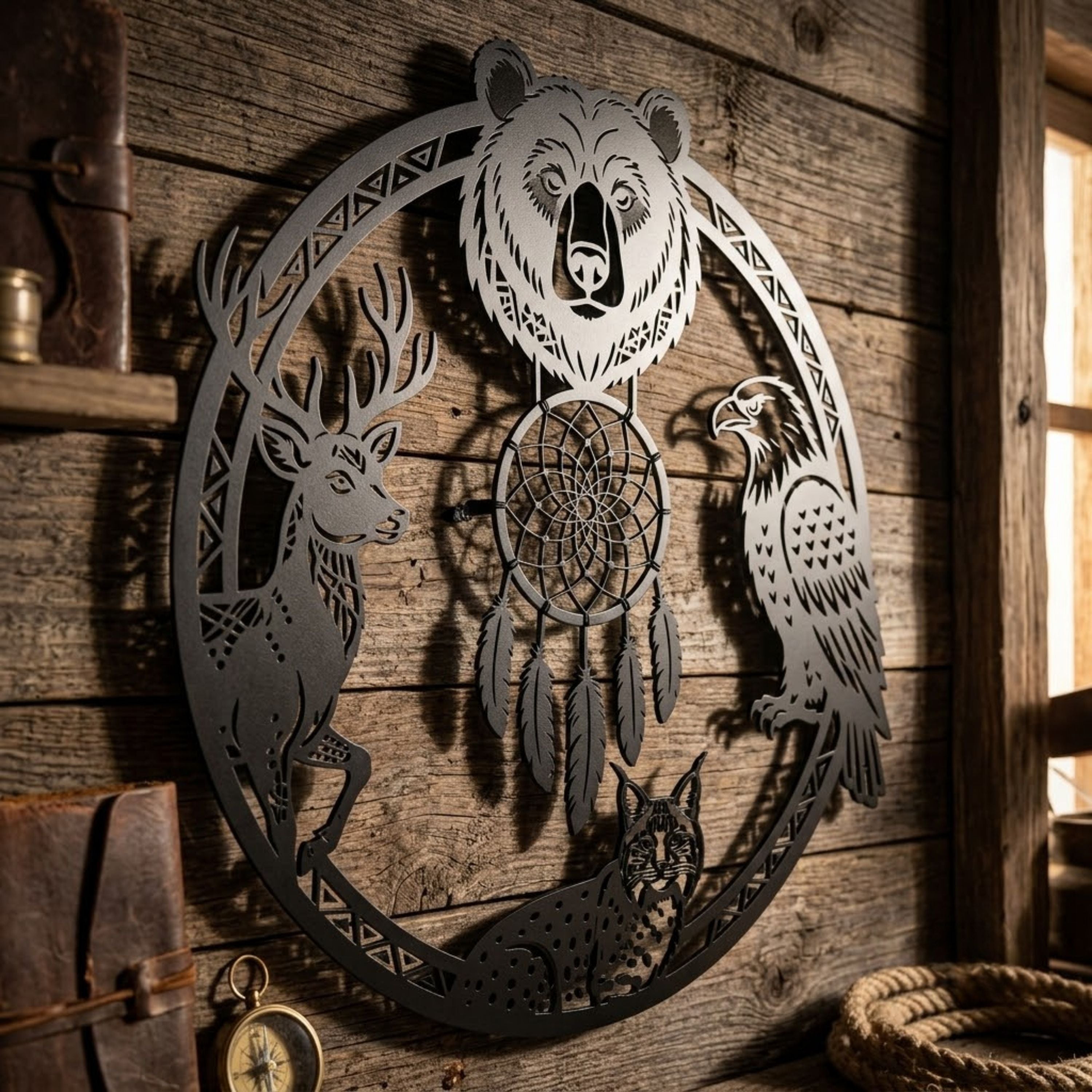 Wildlife Dreamcatcher Metal Sign, Bear Deer Eagle Bobcat Metal Wall Ar