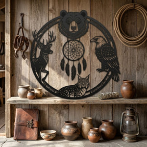 Wildlife Dreamcatcher Metal Sign, Bear Deer Eagle Bobcat Metal Wall Ar