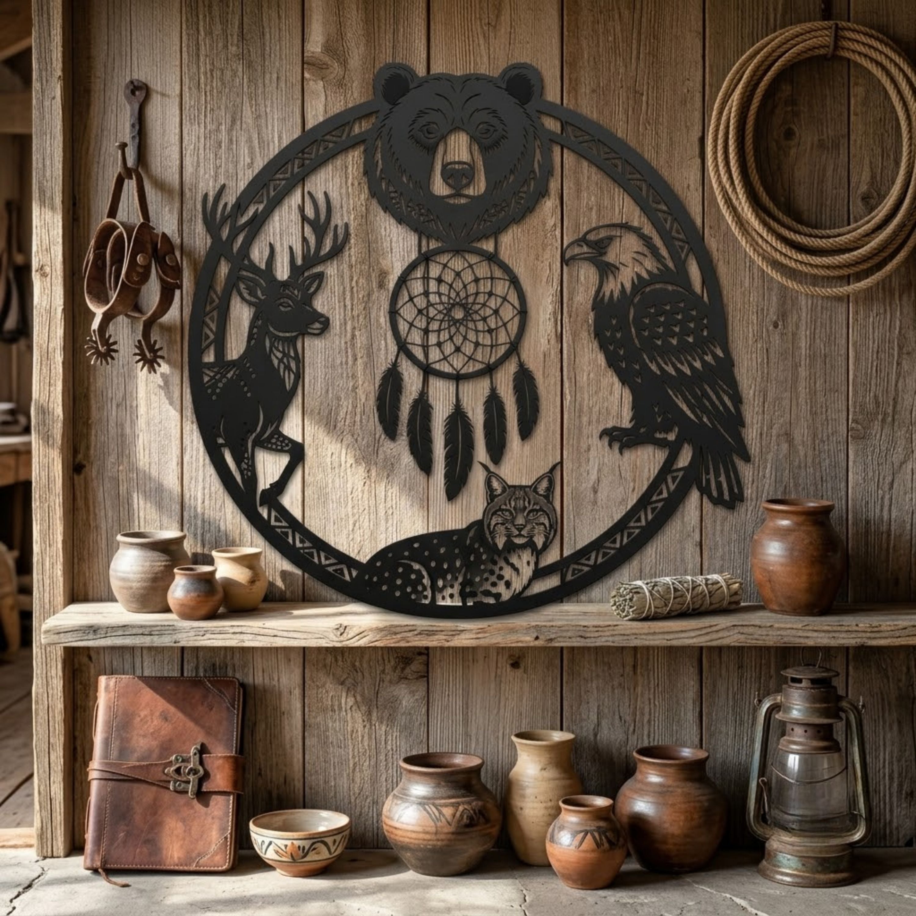 Wildlife Dreamcatcher Metal Sign, Bear Deer Eagle Bobcat Metal Wall Ar