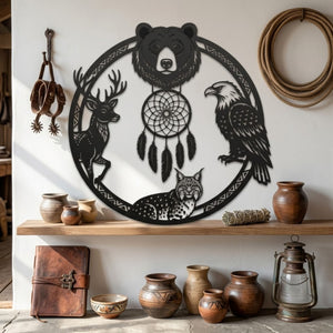 Wildlife Dreamcatcher Metal Sign, Bear Deer Eagle Bobcat Metal Wall Ar