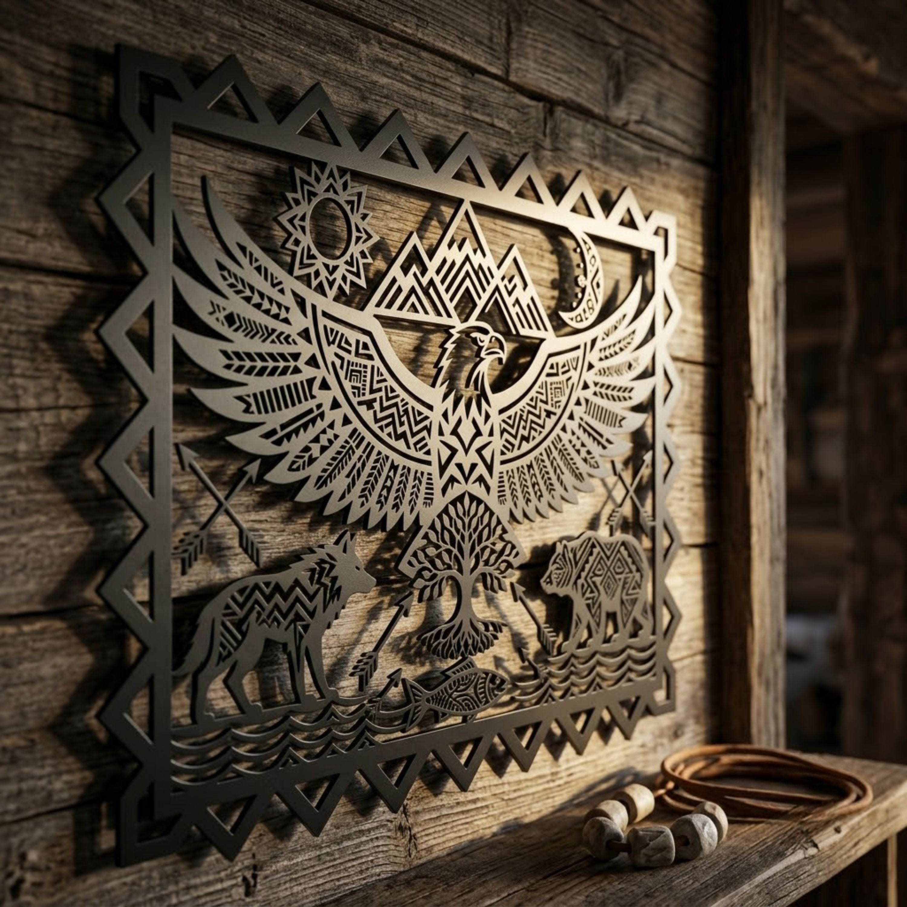 Aztec Eagle Metal Sign, Southwestern Wildlife Wall Art, Eagle Wolf Bea