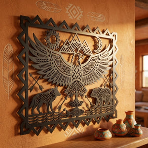 Aztec Eagle Metal Sign, Southwestern Wildlife Wall Art, Eagle Wolf Bea