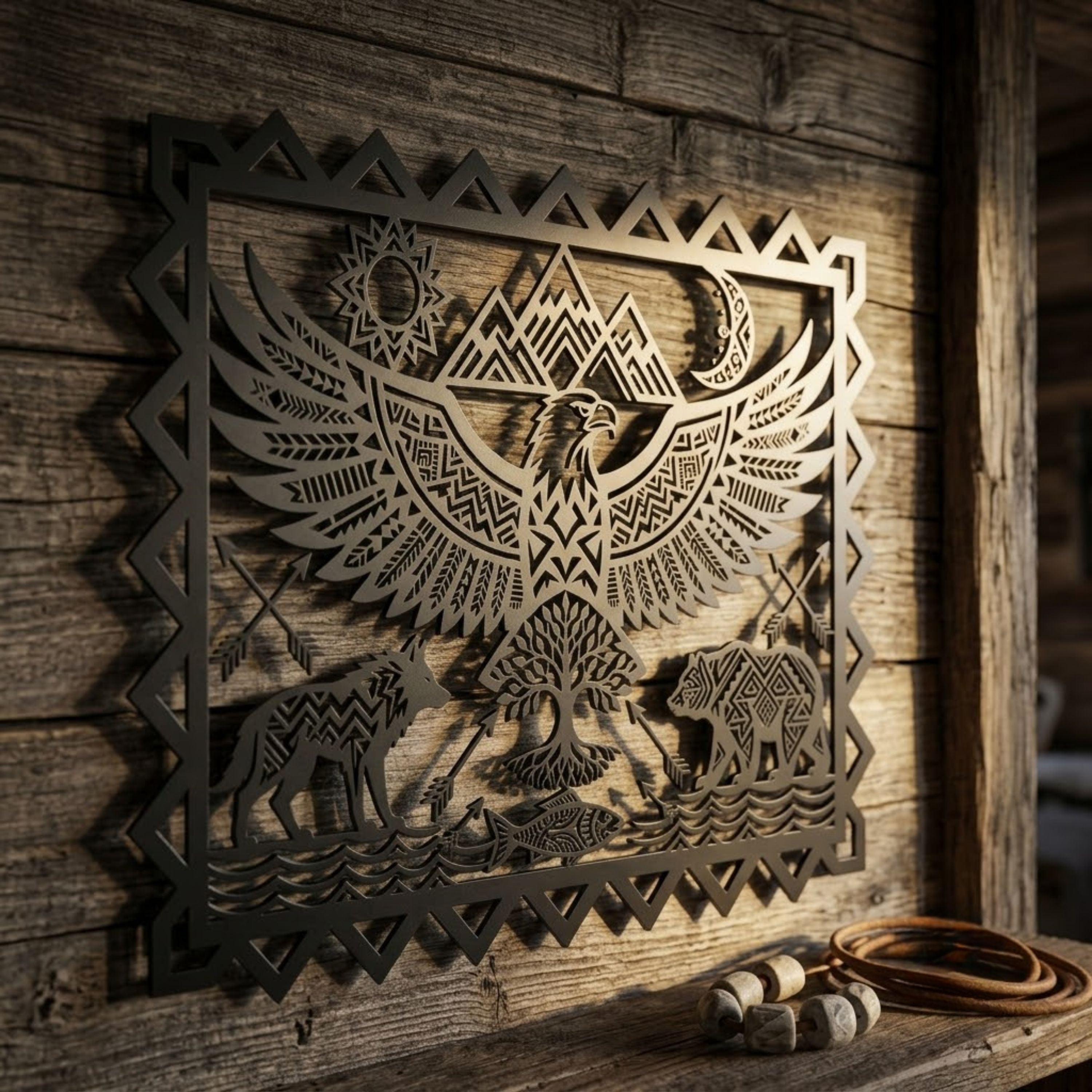 Aztec Eagle Metal Sign, Southwestern Wildlife Wall Art, Eagle Wolf Bea